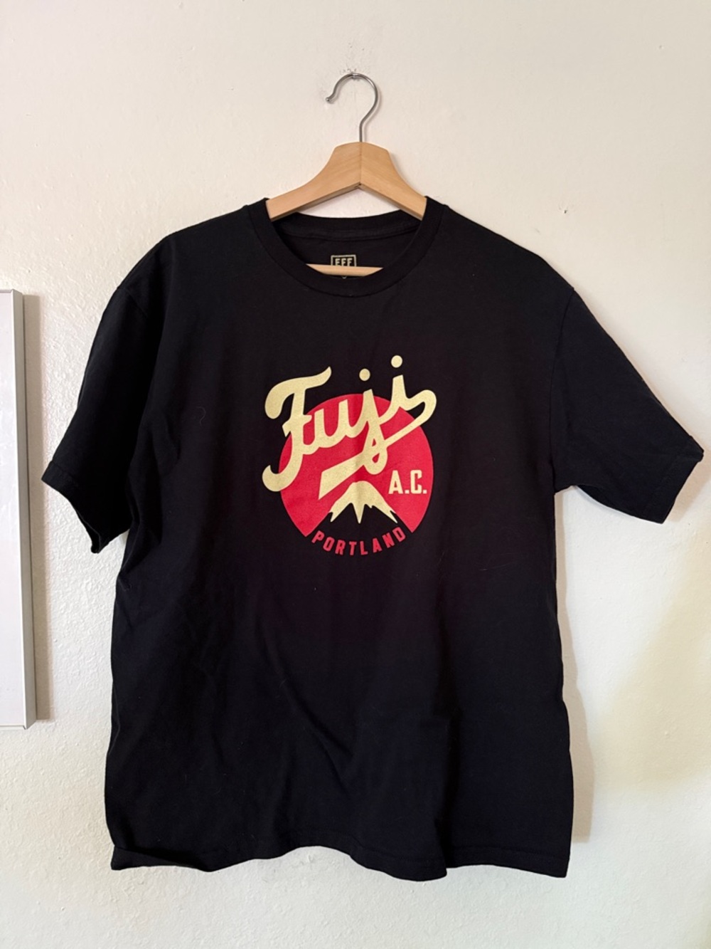 EFF Portland Fuji A.C. Graphic Tee — Black with Red & Cream Logo Sz L